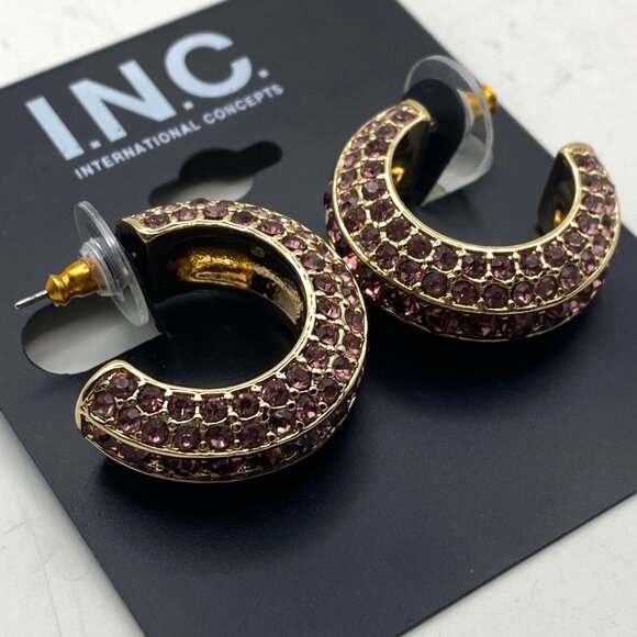 NWT Gold-Tone Pink Rhinestone Hoop Earrings Pierced 1" INC International Concept - Picture 2 of 8